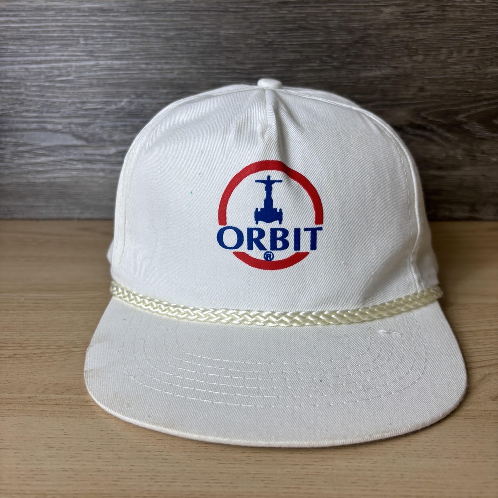 Vintage Orbit Hat Cap Snap Back White Advertising Promo Mens Logo Trucker 90s